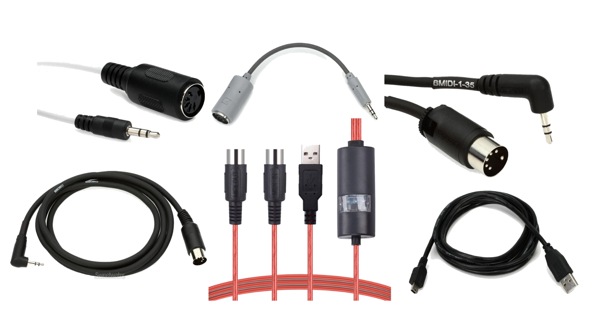 Examples of various 5-pin, 1/8" and USB MIDI adapters